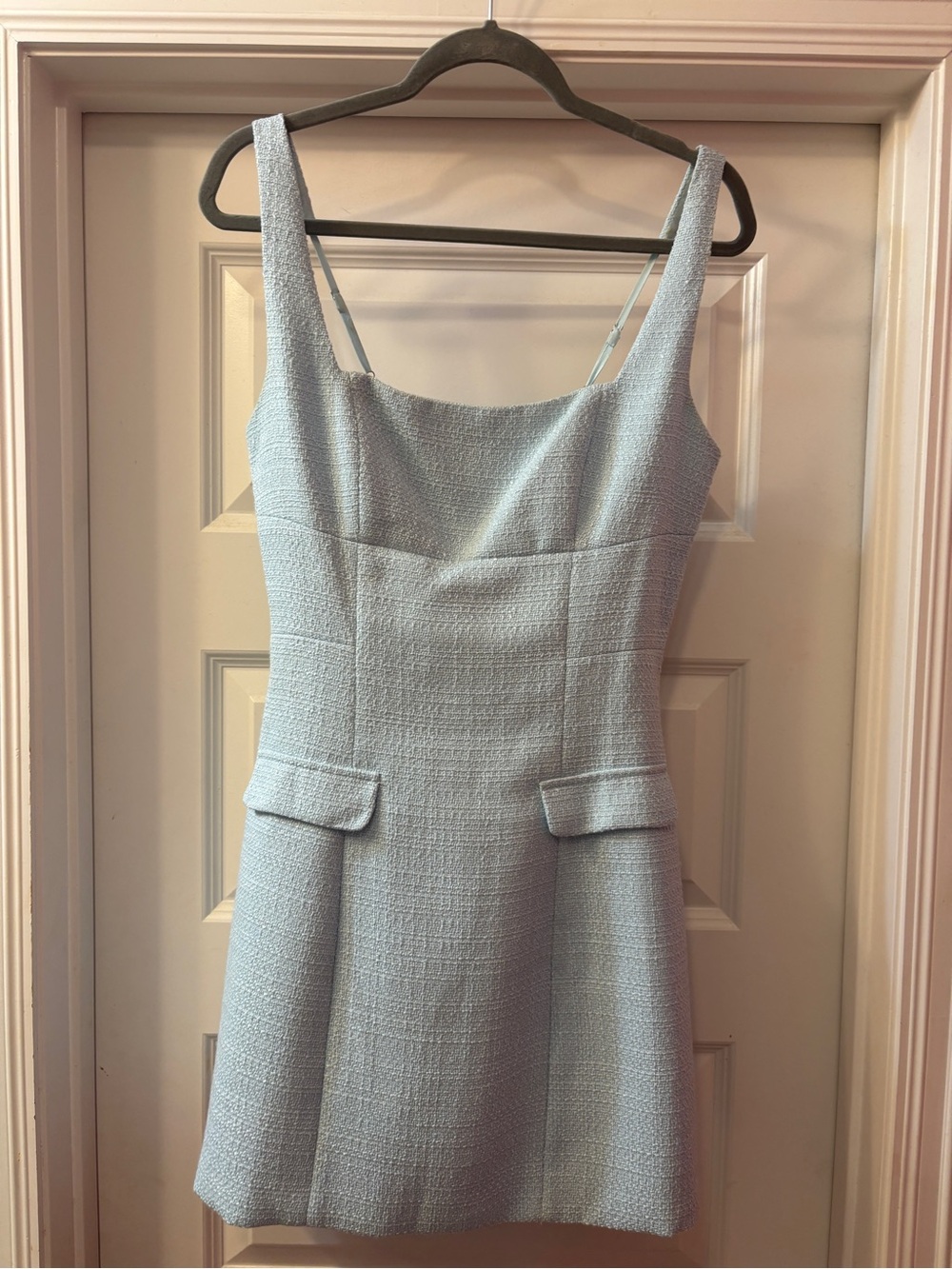Textured Light Blue Mini Dress with Flap Pocket Detail